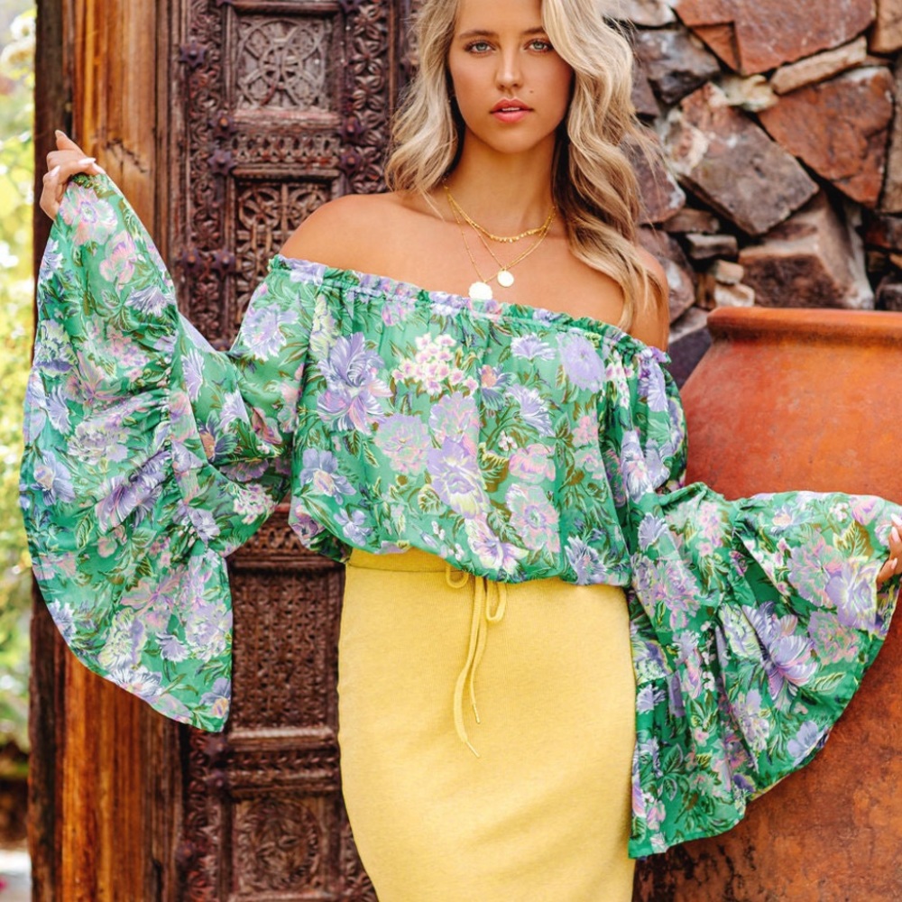 New VICI Olivaceous Floral Bell Sleeve Off Shoulder Top Small